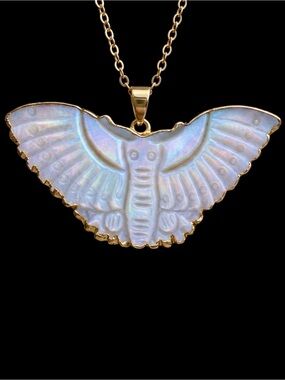 Happy Moth~ Carved Seashell Smiling Butterfly Insect Outspread Wing 18K Necklace